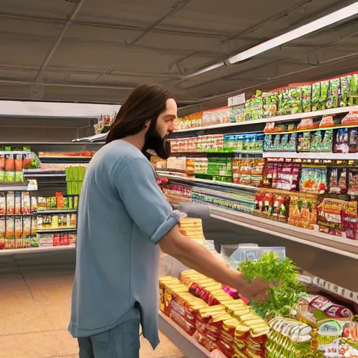 Image similar to mid shot of an realistic jesus buying groceries at the store, shot by amanda carlson and alex strelkovv, professional photo, masterpiece, very detailed, hyper - realistic, unreal engine, straight face, cinematic, 4 k