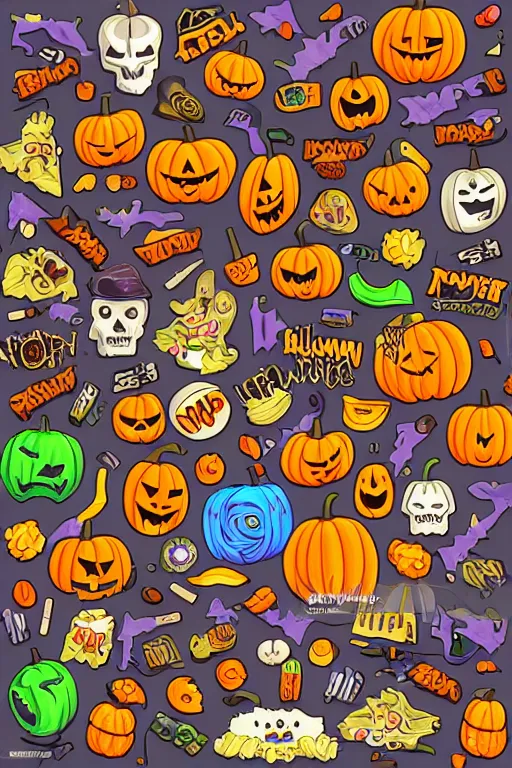 Prompt: collection of halloween food and candies, sticker, andromorphic, colorful, illustration, highly detailed, simple, smooth and clean vector curves, no jagged lines, vector art, smooth