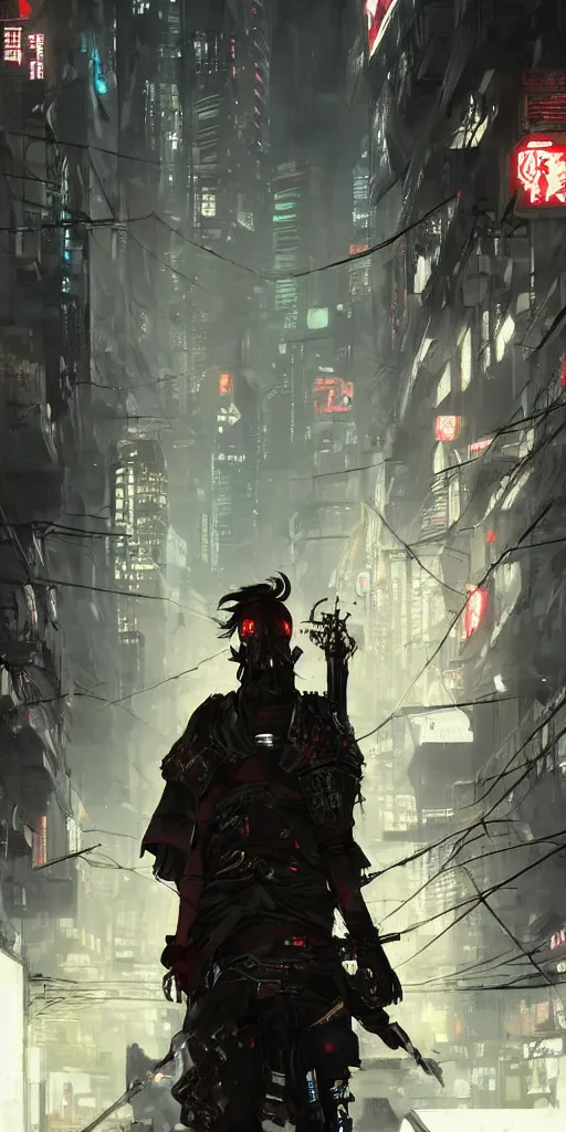 Image similar to Cyberpunk Samurai facing left in backdrop of cold alley, Artstation