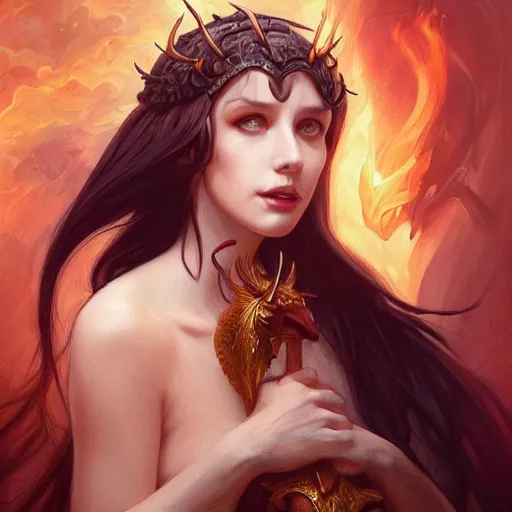 Image similar to a great lucifer, great wings, demon horn with fire on head, long dark hair, intricate, elegant, highly detailed, digital painting, artstation, concept art, smooth, sharp focus, illustration, art by artgerm and greg rutkowski and alphonse mucha