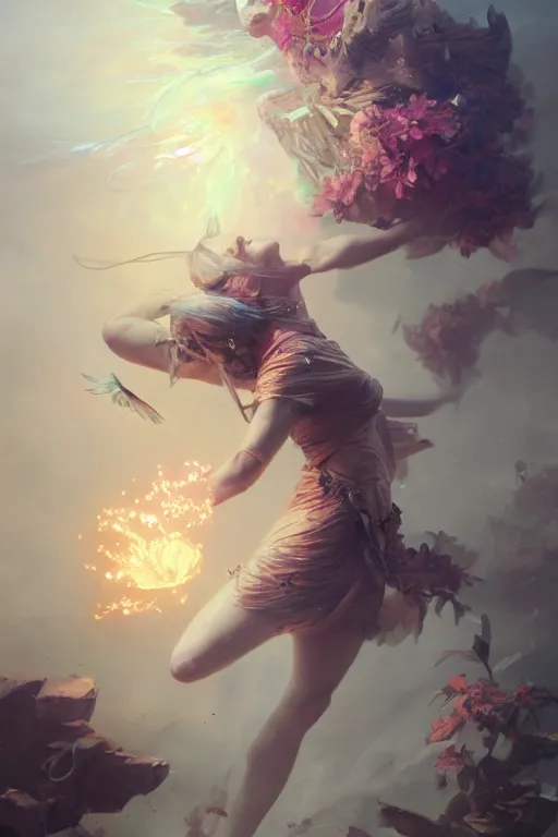 Prompt: beautiful girl exploding into flowers, angels, 3 d render, hyper - realistic detailed portrait, holding electricity and birds, ruan jia, wlop. scifi, fantasy, hyper detailed, octane render, concept art, peter mohrbacher