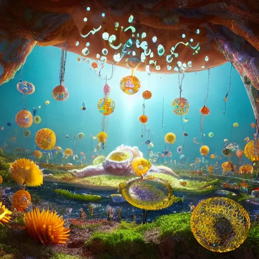 Image similar to gates of heaven, expressive eyes, floating, rbc, bunny, radiolaria, protophyta, micro - organisms, center frame, symmetric, rim light, marine microbiology, bioluminescence, electric, fur, soft, concept art, intricate details, highly detailed, colorful, photorealistic, disney pixar, octane render,