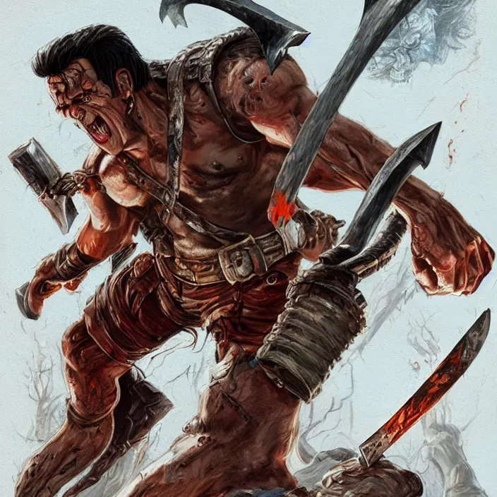 Image similar to Ash Williams from The evil dead, manowar album, Muscular man, striking demon with large bloody barbarian sword, D&D, fantasy, intricate, cinematic lighting, highly detailed, digital painting, artstation, concept art, smooth, sharp focus, illustration by Cory Loftis