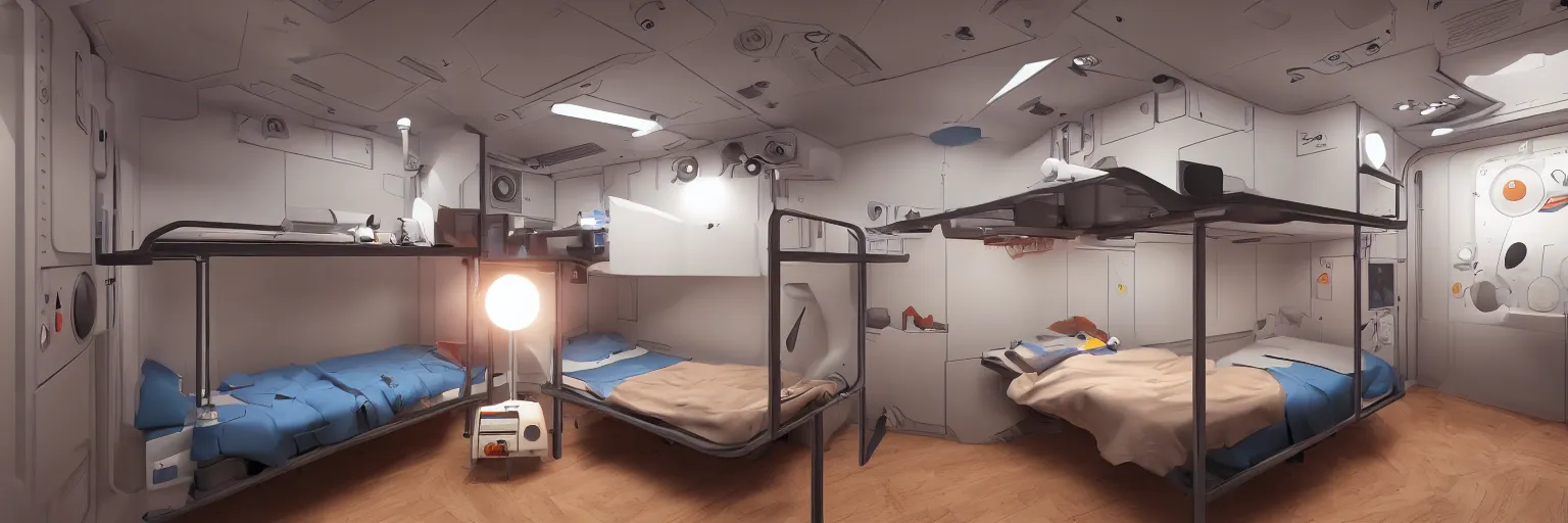 Prompt: Room of a spacecraft, with a bunk bed, warm tones, lights, gloom and lights, warm tones, warm colors, photo realistic, playing, CGI, Unreal Engine, Hdri