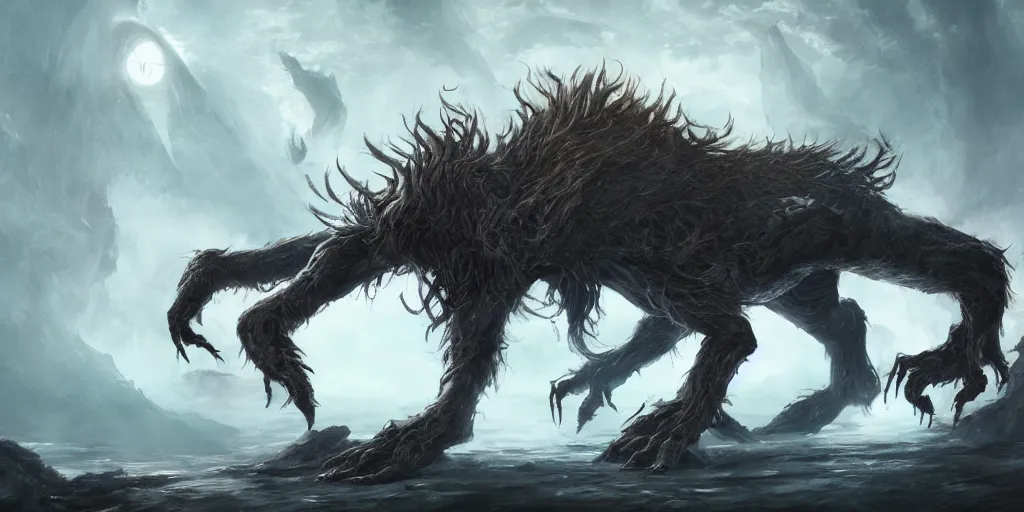 Prompt: Gigantic quadruped monster with hair like fingers, high quality fantasy horror art, 4k