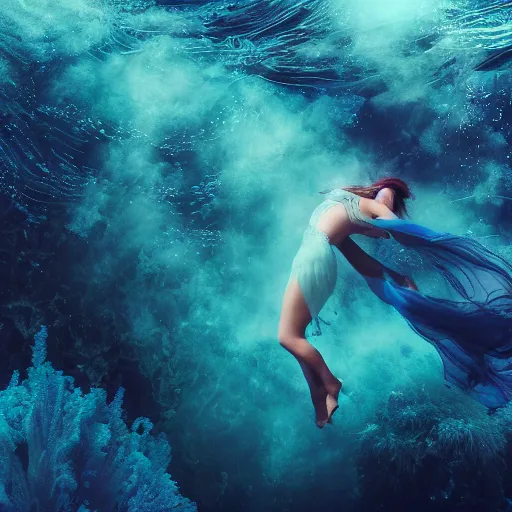 Image similar to woman dancing underwater wearing a flowing dress made of blue and magenta seaweed, delicate coral sea bottom, swirling silver fish, swirling smoke shapes, octane render, caustics lighting from above, cinematic