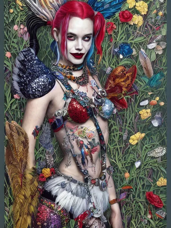 Image similar to a 65mm portrait of harley quinn between embellished avian-inspired sequined feather-adorned wings and flower bushes,by tom bagshaw,Cedric Peyravernay,DIOR,marie spartali Stillman,William Morris,Dan Mumford,trending on pinterest，maximalist,glittering,feminine
