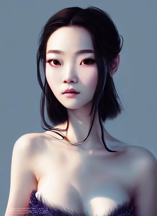 Image similar to beautiful chinese fashion goddness, strapless dress, character portrait in the style of thomas river and artgerm, wlop, cinematic lighting, hyperdetailed, 8 k realistic, symmetrical, global illumination, radiant light, halo, love and mercy, frostbite 3 engine, cryengine, dof, trending on artstation, digital art, chanel