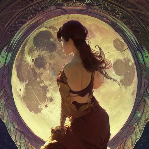 Prompt: Moon in the background, intricate, elegant, highly detailed, digital painting, artstation, concept art, smooth, sharp focus, illustration, art by artgerm and greg rutkowski and alphonse mucha