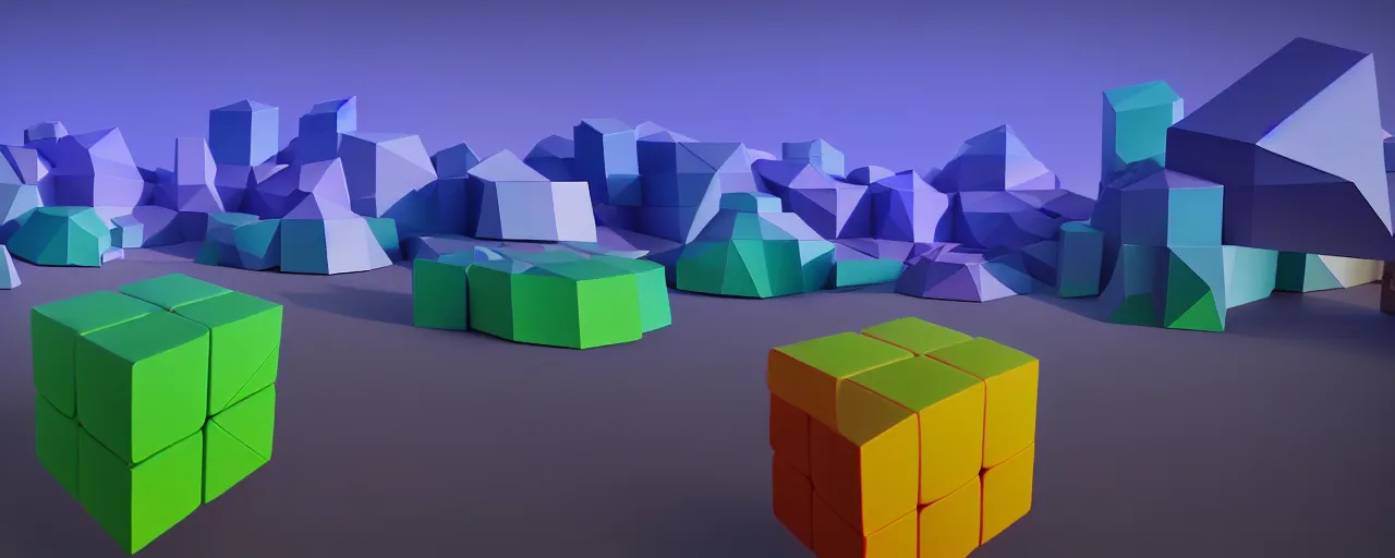 Prompt: a Low Poly Multiverse cube world from behance Ray traced, photorealistic render, cinematic lighting, epic composition Epic colour scheme