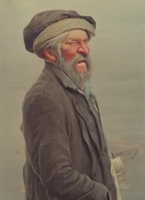 Prompt: realistic renderings of very old fisher man portrait with a hat, port scene background, astonishing scenes, detailed, photorealism