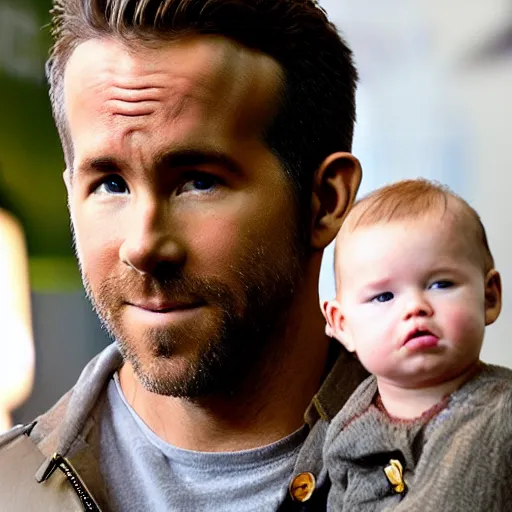 Image similar to cinematic shot of Ryan Reynolds with a baby head