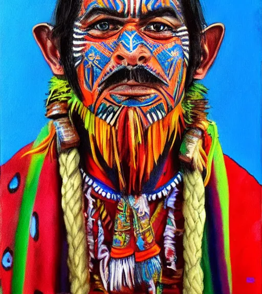 Image similar to Portrait of a shaman dressed in a colorful traditional clothes. His face is painted. Painting in the style of alex grey