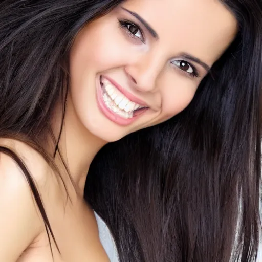 Prompt: beautiful, spanish women, long black hair, two brown eyes, perfect smile, straight small nose, petite