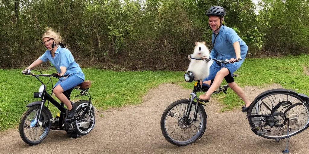 Prompt: a hamster happily riding an electric bike on the prairie