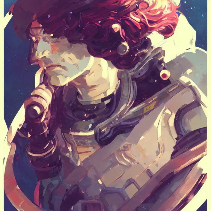 Image similar to anime portrait space pirate captain, futuristic science fiction, mucha, hard shadows and strong rim light, art by jc leyendecker and atey ghailan and sachin teng