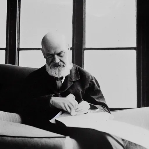 Prompt: a historic photo of sigmund freud making a phone call on a banana, black and white photo, laying down on a couch, sunlight coming if from the window