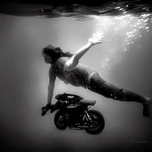 Prompt: Underwater photo of a motorcycle by Trent Parke, clean, detailed, Magnum photos