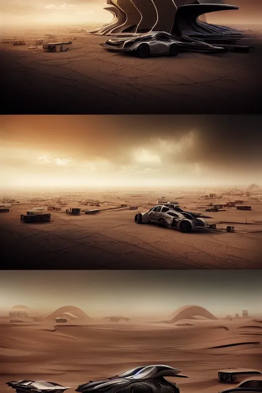 Image similar to zaha hadid buildings in the middle of a mad max desert scene, trending on artstation, cinematic matte painting, stormy weather, extreme detail photo quality, dark moody colors, featured on behance