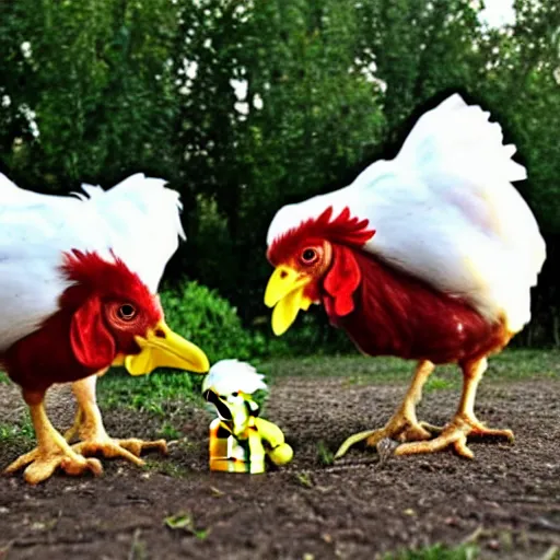 Image similar to chickens with human heads playing with lego