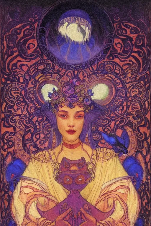 Prompt: queen of night with her lantern and birds, by Nicholas Roerich and Annie Swynnerton and jean delville and Gaston Bussière, black leather and embroidered velvet, iridescent beetles, rich color, dramatic cinematic lighting, extremely detailed