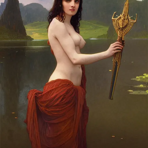 Image similar to portrait of the lady of the lake rising from the water holding excalibur, intricate, elegant, highly detailed, digital painting, artstation, concept art, smooth, sharp focus, illustration, art by artgerm and greg rutkowski and alphonse mucha and william - adolphe bouguereau