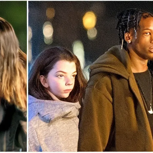 Image similar to travis scott dating anya taylor joy in central park at winter, symmetry photorealistic, dynamic light, ultra detailed, paparazzi photo