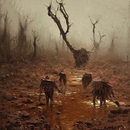 Image similar to painting by jakub rozalski of a muddy rooted humanoid creatures