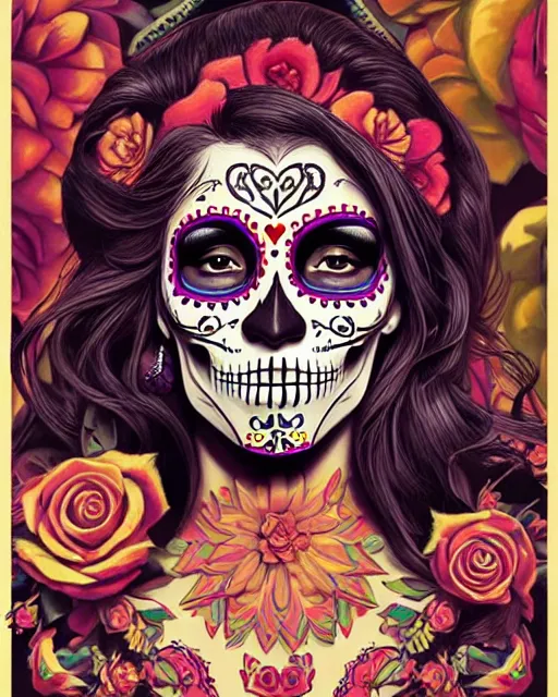 Prompt: dia de los muertos theme poster art by artemio rodriguez, lisa brawn, and gustave bauman, intricate, accurate facial details, profile picture, artgerm, retro, nostalgic, old fashioned, posterized colors