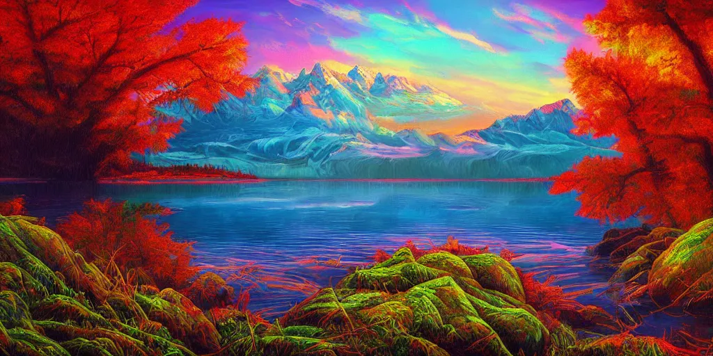 Image similar to beautiful award winning synthwave painting of a canadian lake, extreme detail, digital art, 4 k, ultra hd