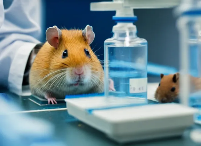 Image similar to film still of a hamster working in a research lab finding the cure for cancer, 8 k