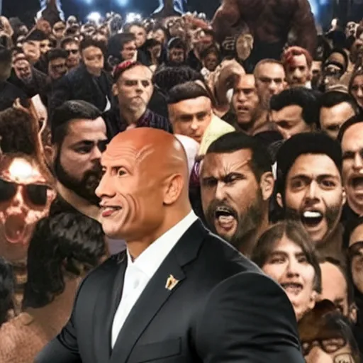 Image similar to dwayne johnson fighting against recep tayyip erdoğan in a church of hell