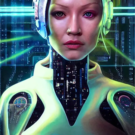Image similar to pom klementieff as a cybernetic cyberpunk dream thief, painted by howard david johnson and james gurney
