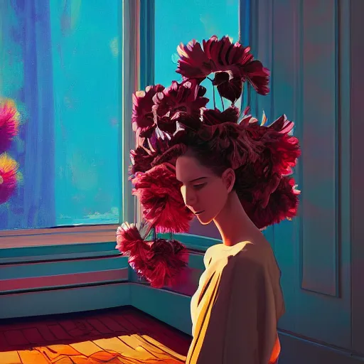 Image similar to closeup, giant flower head, woman next to modern windows, luxury apartment, surreal photography, dramatic light, impressionist painting, digital painting, artstation, james gilleard