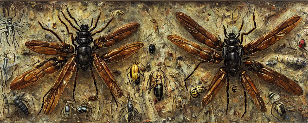 Prompt: strange giant insects, beetles, spiders, wasps, bees, maggots, locusts and flies, in a museum display case, oil painting by max ernst and anselm kiefer, decay, mixed media, textured, sharp focus, highly detailed, photographic emulsion cracked and peeling, rust, cinematic lighting, 8 k, hd