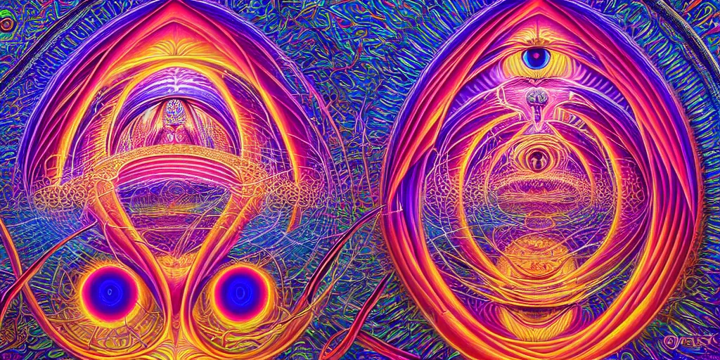 Image similar to dmt temple, sacred geometric buildings, time elves, psychedelic architecture, soul frequency, 8 k resolution, ultra fine illustration, art by alex grey and tokio aoyama, highly detailed,