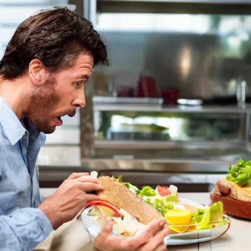 Prompt: A man looking in disgust at his lunch