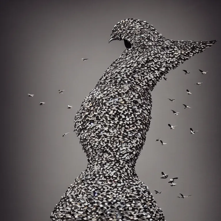 Prompt: “a beautiful woman in a dress made of pigeons, high fashion, concept fashion, studio lighting, nyc, 8k, 4k”