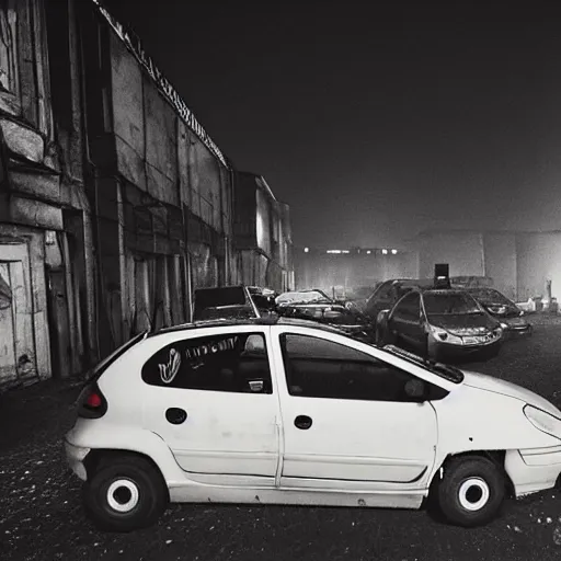 Prompt: cheap Peugeot 206 in a traffic jam in a France cyberpunk slum city called Neo Norilsk on the Moon, at night, diverse, lively, black sky full of stars, blinding sun, sci-fi, lots of flying cars, levitation, cyberpunk outfits, photorealistic, grainy, 35mm, intricate, very very beautiful, elegant, smooth, cinematic, Unreal Engine 5, by Beeple, trending on Artstation HD