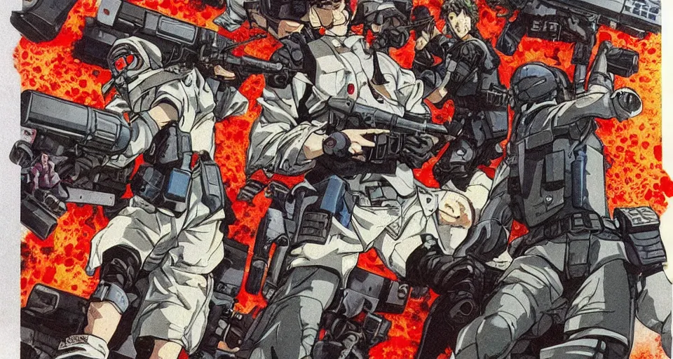 Prompt: 1993 Video Game Concept art for Akira style Anime Neo-tokyo Cyborg bank robbers vs police, Set inside of the Bank, Open Bank Vault, Multiplayer set-piece Ambush, Tactical Squads :10, Police officers under heavy fire, Destructible Enviorments, Gunshots, Bullet Holes and Anime Blood Splatter, :10 Gas Grenades, Riot Shields, MP5, AK45, MP7, P90, Chaos, Anime Machine Gun Fire, Gunplay, Shootout, :14 Vibrant 80s Anime Style Created by Katsuhiro Otomo: 20