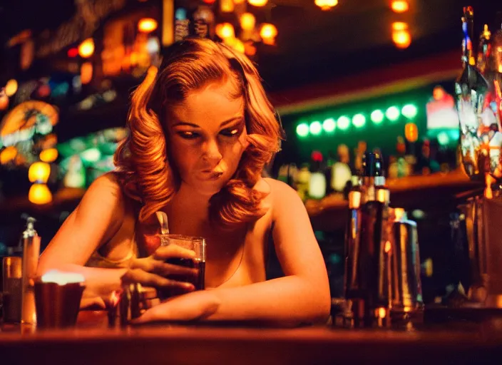 Prompt: a 2 8 mm macro kodachrome photo of a sad metallic cyborg with glowing lights getting drunk alone at a bar in the 1 9 5 0's, seen from a distance, bokeh, canon 5 0 mm, cinematic lighting, film, photography, golden hour, depth of field, award - winning