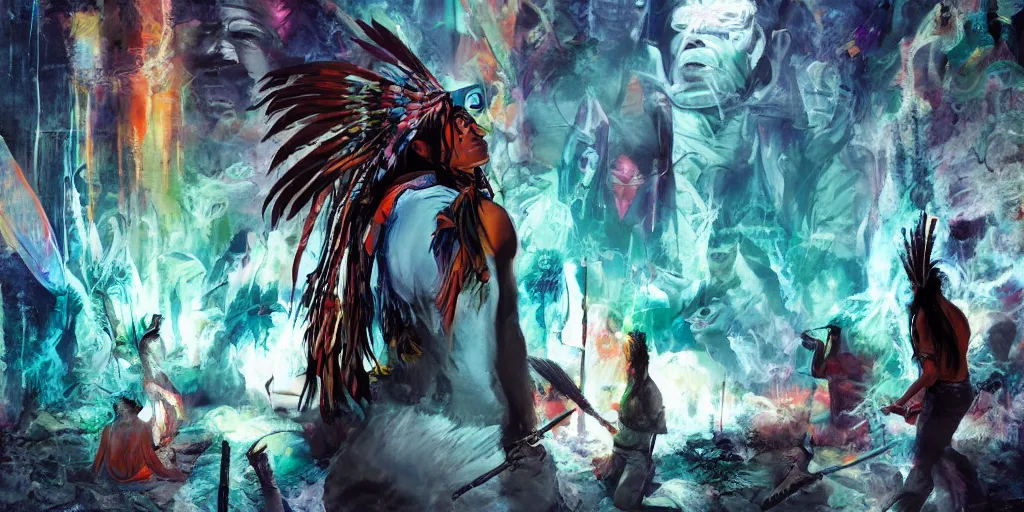 Image similar to of Native American shaman drumming by Liam Wong and Boris Vallejo