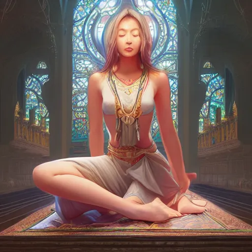 Image similar to Art station concept of a beautiful girl kneeling in front of a religious shrine, Hypnosis, Trance, symmetrical face, smooth body features, by Stanley Artgerm Lau, WLOP, Rossdraws, James Jean, Andrei Riabovitchev, Marc Simonetti, and Sakimichan, trending on artstation