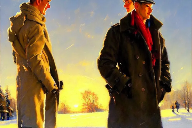 Prompt: attractive man chatting, winter, sunset, painting by vladimir volegov, norman rockwell, tom of finland, trending on artstation