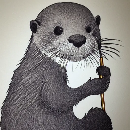 Prompt: a cute otter holding a pencil doing schoolwork