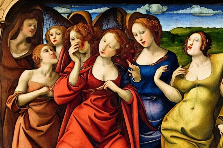 Image similar to renaissance art nouveau painting of maidens in heaven licking gods