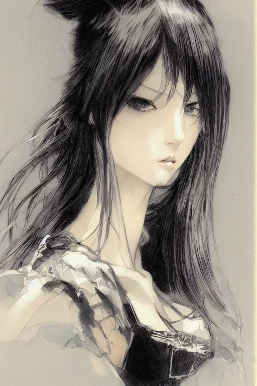 Image similar to Portrait of anime woman by Amano Yoshitaka, Kentaro Miura, Claire Wendling ,Krenz Cushart