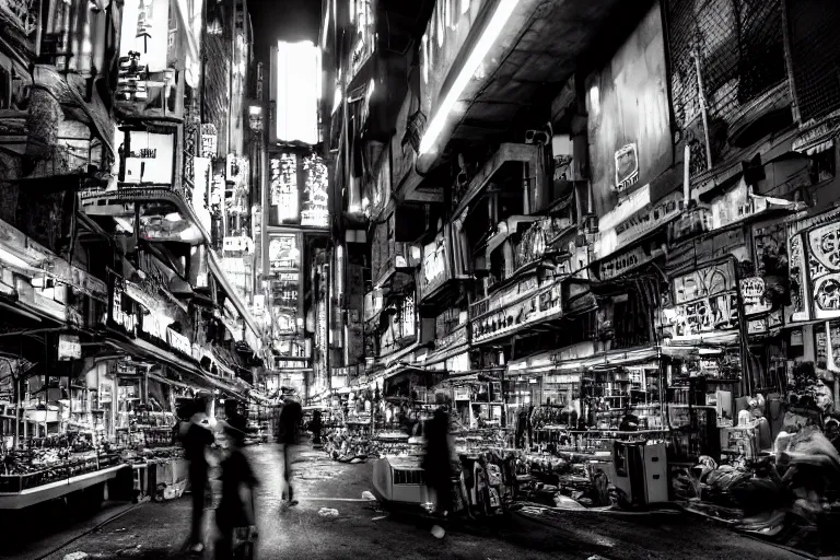 Prompt: an award winning photograph of a cyberpunk market by Liam wong and Lee Friedlander, masterpiece, wide angle, dof