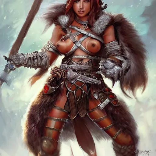 Prompt: female barbarian warrior, fully covered in armor and furs, art by artgerm and greg rutkowski and magali villeneuve, d & d, fantasy, portrait, highly detailed, headshot, digital painting, trending on artstation, concept art, sharp focus, illustration