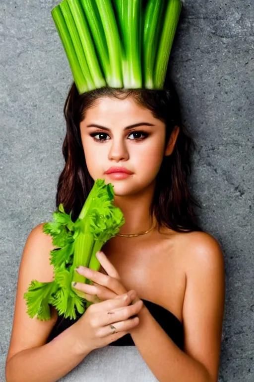 Image similar to selena gomez made out of celery, a human face with celery for hair, a bunch of celery sitting on a cutting board, professional food photography